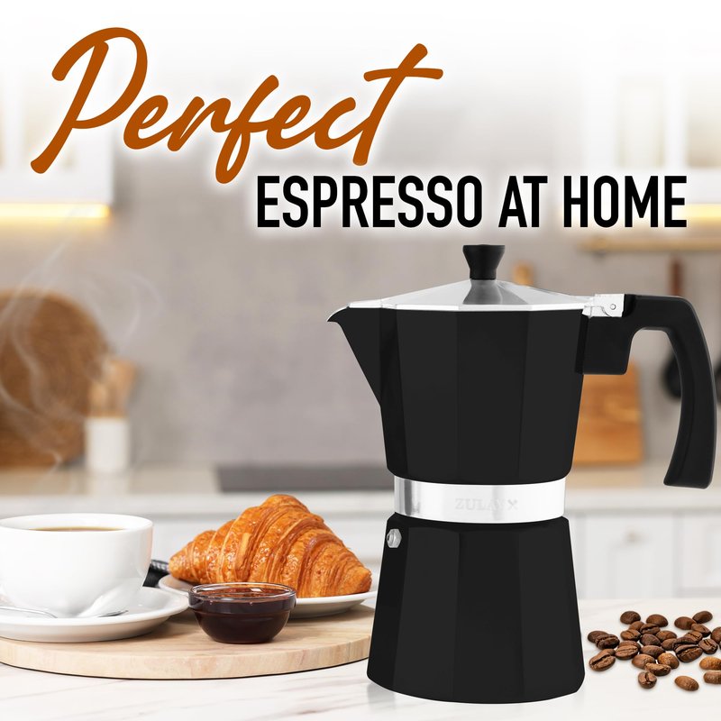 Zulay Moka Pot Espresso Stovetop Coffee Maker - Leak-Proof, Stainless Steel, Easy to Clean, Heat Resistant Handle & Knob - for Authentic Cuban & Italian Style Espresso - Makes 9 Espresso Cups - Black
