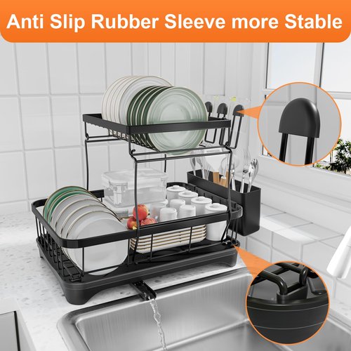 HOMEBOSILY Dish Drying Rack Two-Tier Drying Rack with Utensil Holder, Auto-Draining Dish Rack for Kitchen Counter, Large Capacity for Plates, Bowls, Cups, Dish Drainer with Drainboard, Black