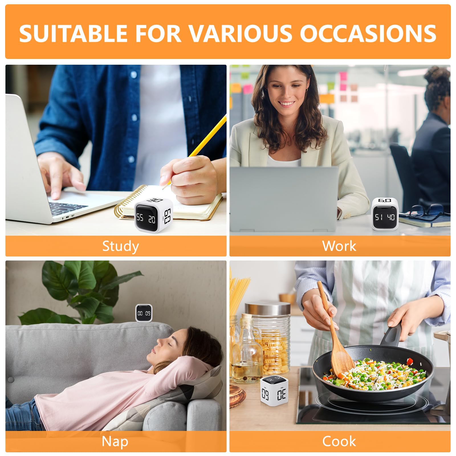 GuDoQi Multi-Function Cube Timer, 5/10/30/60 Min & Custom Count Down, Included Pause & Resume Feature, Silent, Vibrate & Adjustable Sound Alarm for Productivity in Tasks, Study & Kitchen, White