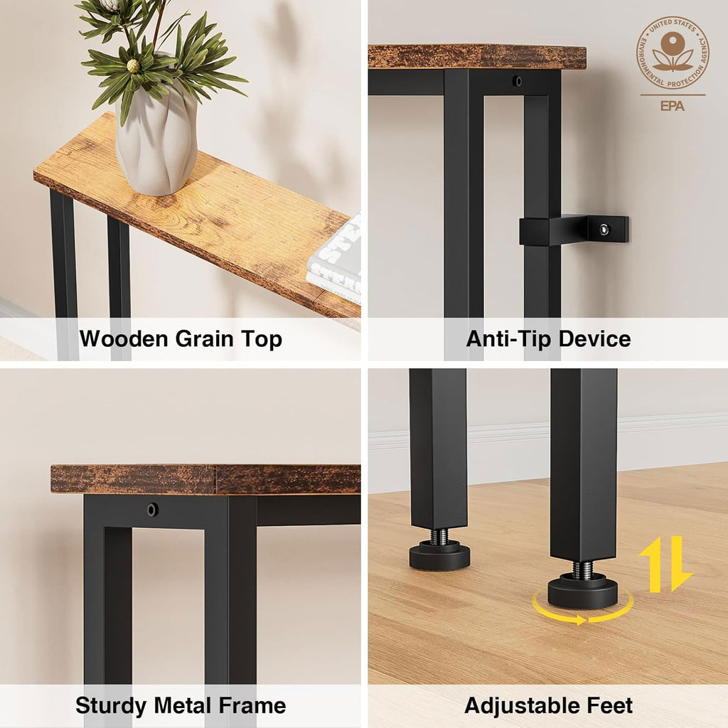Keelian 78" Narrow Console Sofa Table with Power Outlets & 2 USB Ports, Metal Frame, Rustic Brown, Perfect for Hallway, Office, and Behind Sofa - Easy Assembly, 4.9' Extension Cord Included