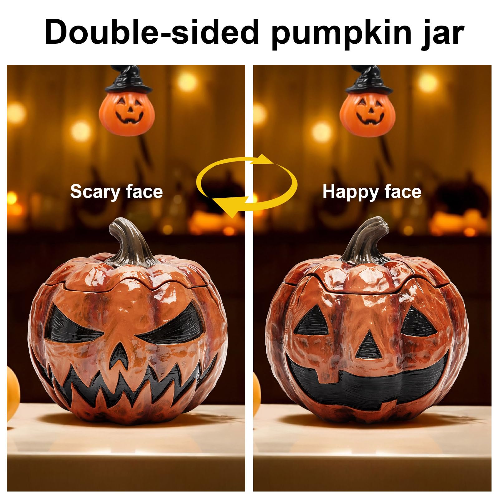 Bechivie Double Sided Pumpkin Cookie Jar with Lid, 7.3" Resin Halloween Fall Decorative Candy Dish, Food Storage Containers for Kitchen Decorations, Snack Bowl, Halloween Home Decor