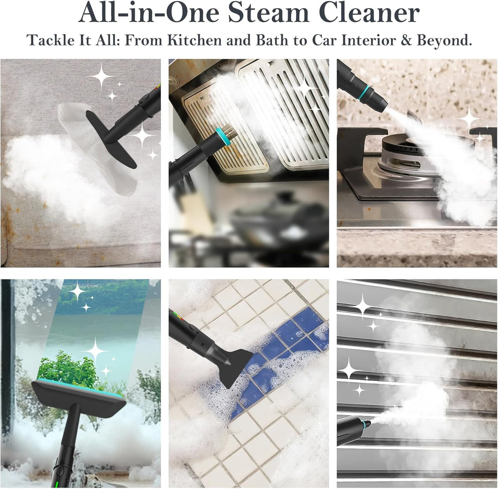 Skiennix Handheld Steam Cleaner - 3-Level Adjustable Handle, 15s Heat-Up, 1.8L Tank, 12 Accessories