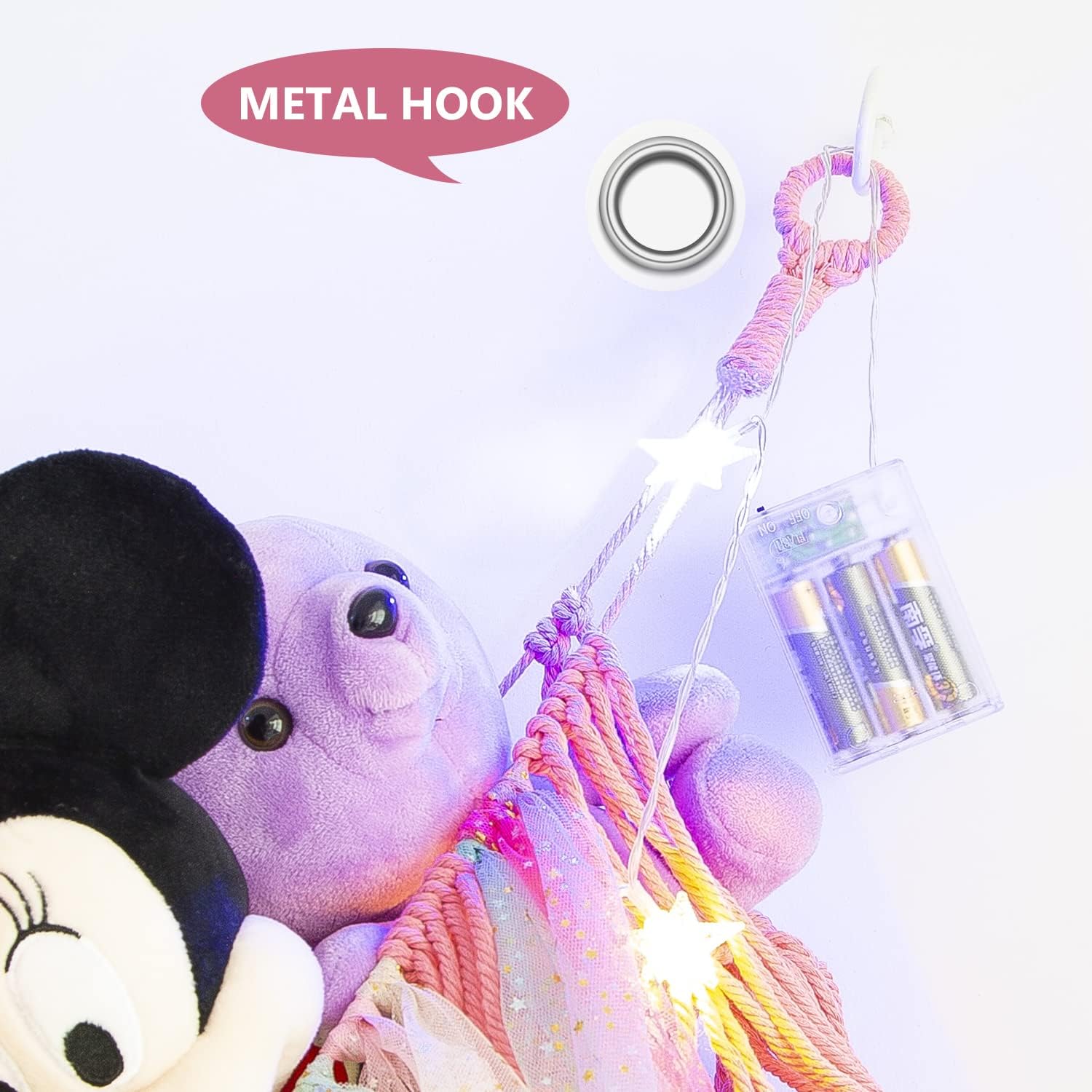 Jumbo Toy Hammock for Stuffed Animal Net Boho Macrame Toy Hammock with Led Light Stuffed Animal Storage Ideas Plush Toy Display Squishmallow Holder Net-Pink