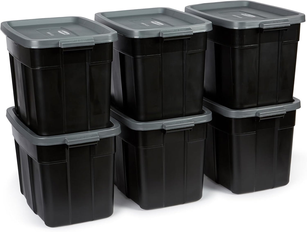 Rubbermaid 18 GAL Heavy-Duty Garage Storage Bins | Stackable Lids, Durable Plastic, Solid Black & Grey