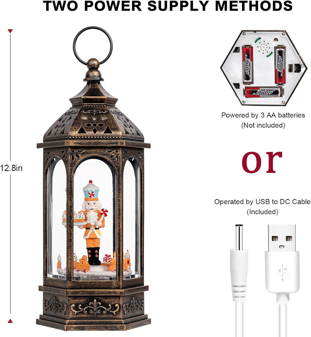 Skiennix Christmas Gingerbread Nutcracker Snow Globe Lantern - Lighted Animated Train with Glitter & Music