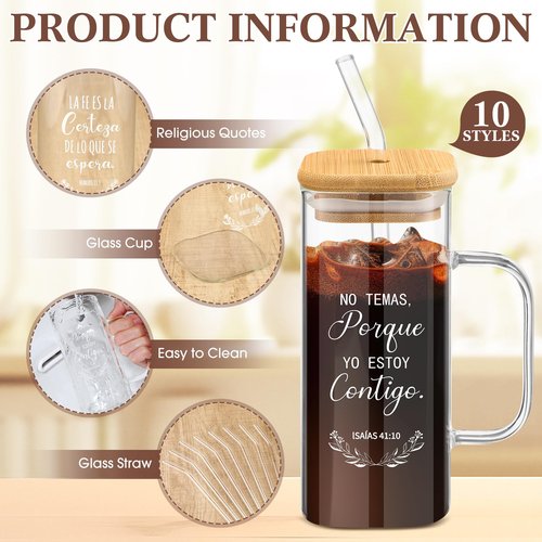 Sunnychicc 10 Pcs Christian Glass Cup with Handle Lid Straw Brush and Sleeve 13.5oz Bible Verse Coffee Cup Inspirational Religious Tumbler Gift for Women Men Employee Office(Spanish)