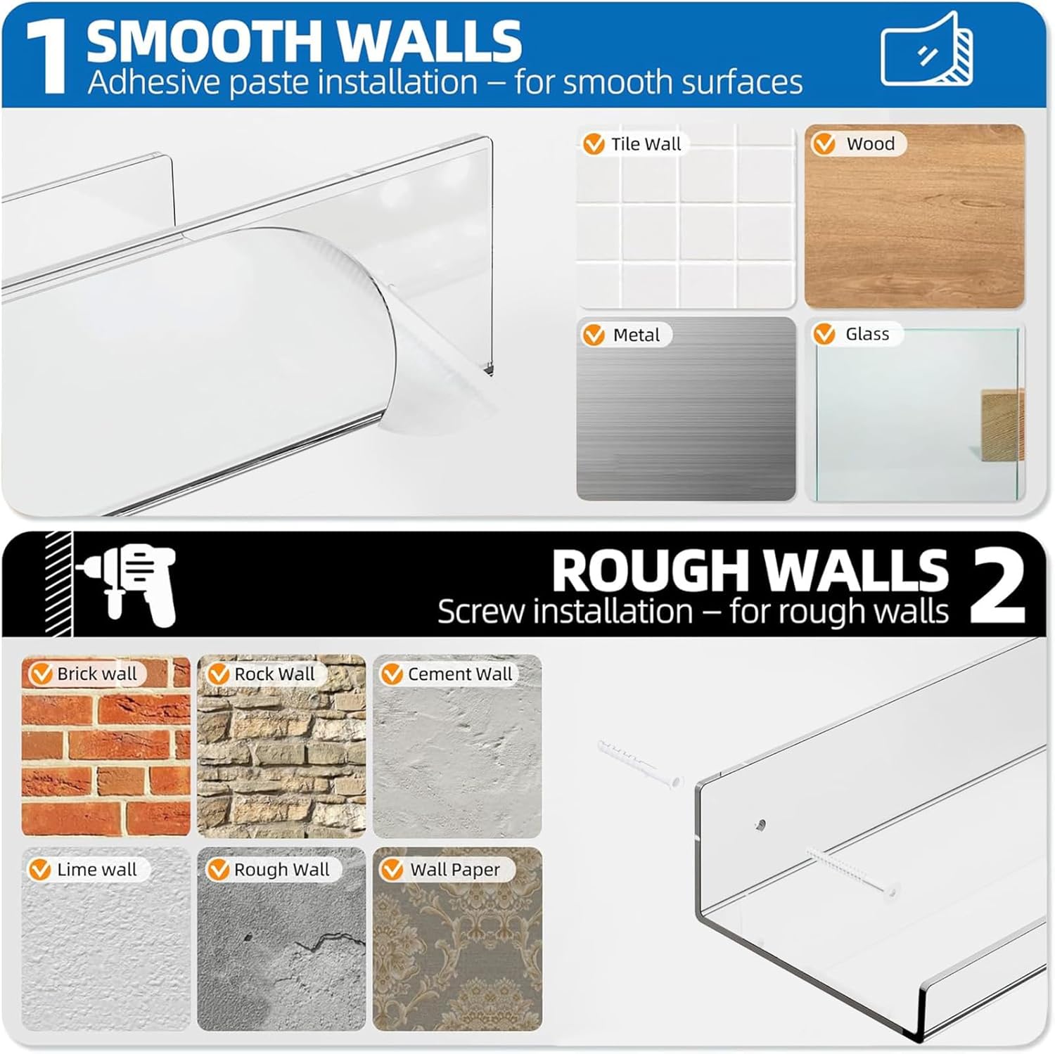 Albumgit 15" Clear Acrylic Floating Shelves - Self-Adhesive Wall Storage for Pop Figures, Pictures & More