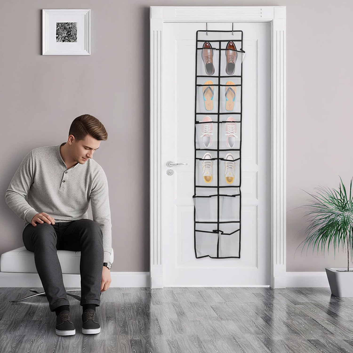 Over The Door Shoe Organizer - 12 Mesh Pockets With 4 Metal Hooks | Space-Saving White Design