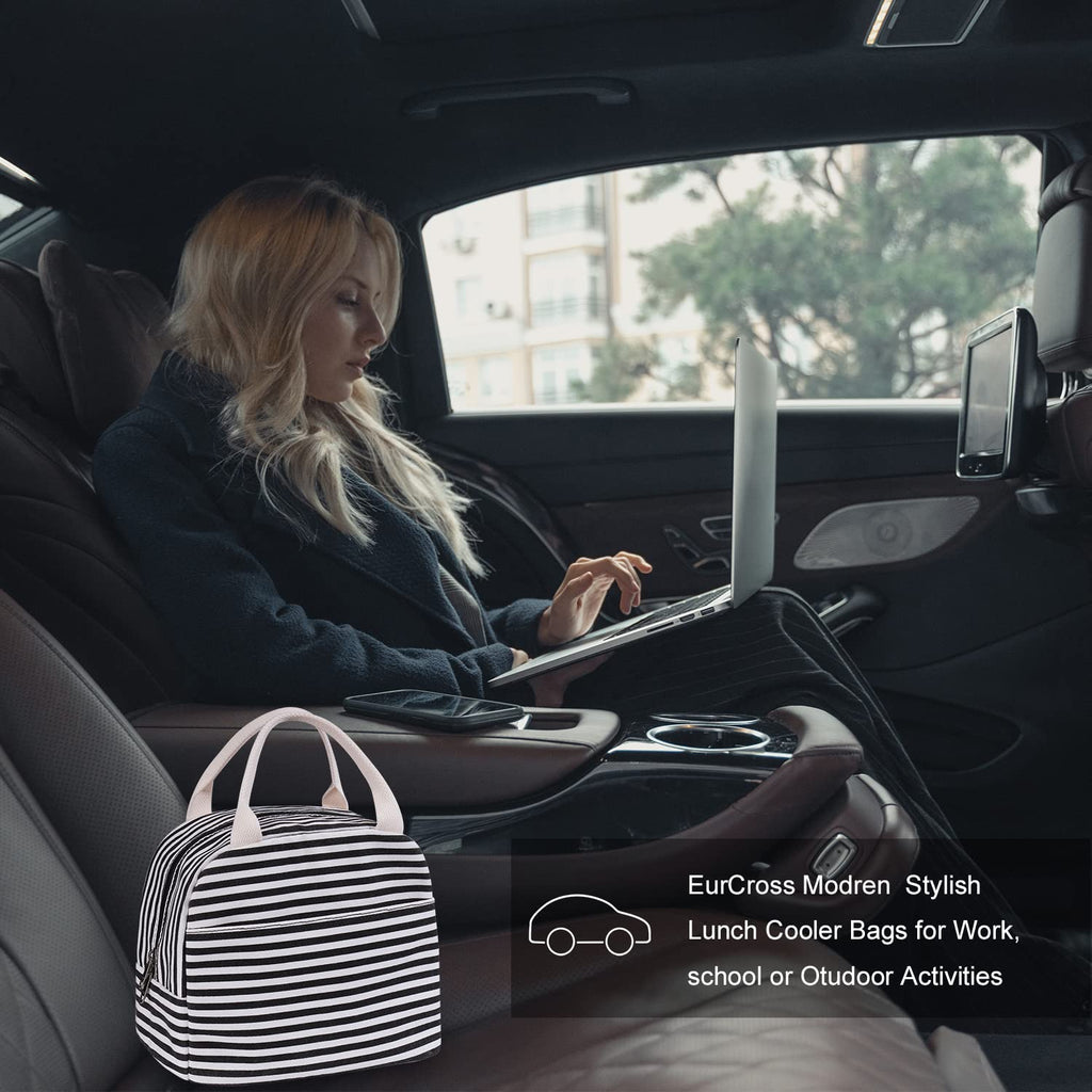 EurCross Canvas Lunch Tote Bag for Women for Work with Black and White Stripes, Reusable Insulated Meal Prep Preppy Lunch Box Bag for Daily Use, Cute Lunch Cooler Bento Boxes Bags