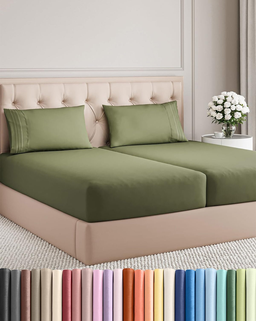 Split King Size Sheet Set by Oeko-Tex | 5-Piece Cooling & Breathable Bedding - Luxury Sage Green