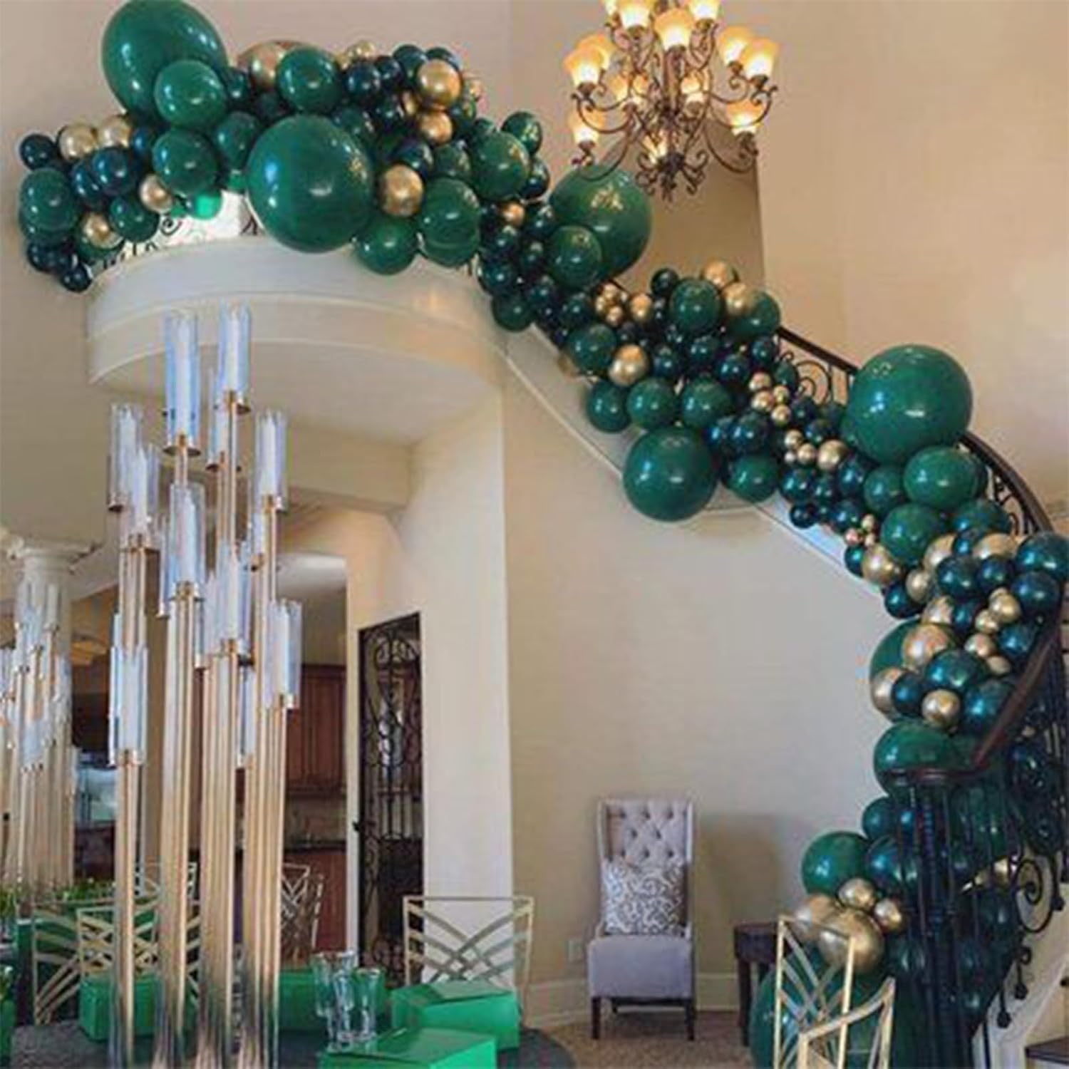 PartyWoo Dark Green Balloons - 140-Piece Jungle Dinosaur Theme Arch Kit | 5-12 Inch Emerald & Hunter Green