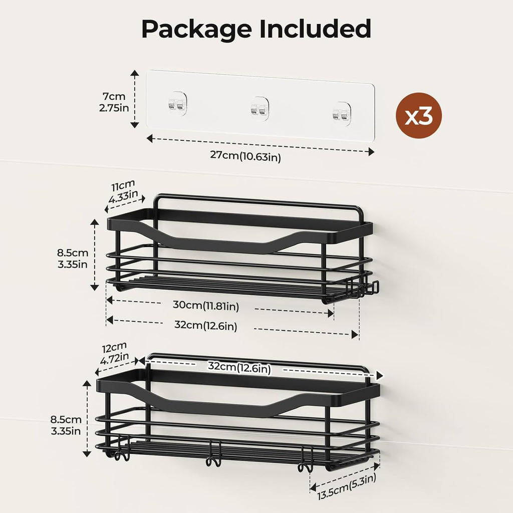 Orimade Adhesive Shower Caddy Shelf - Rust Resistant Wall Mounted Organizer with 5 Hooks | 2 Pack, Black