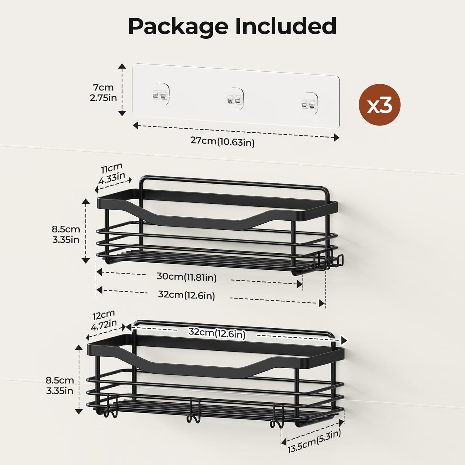 Orimade Adhesive Shower Caddy Shelf - Rust Resistant Wall Mounted Organizer with 5 Hooks | 2 Pack, Black