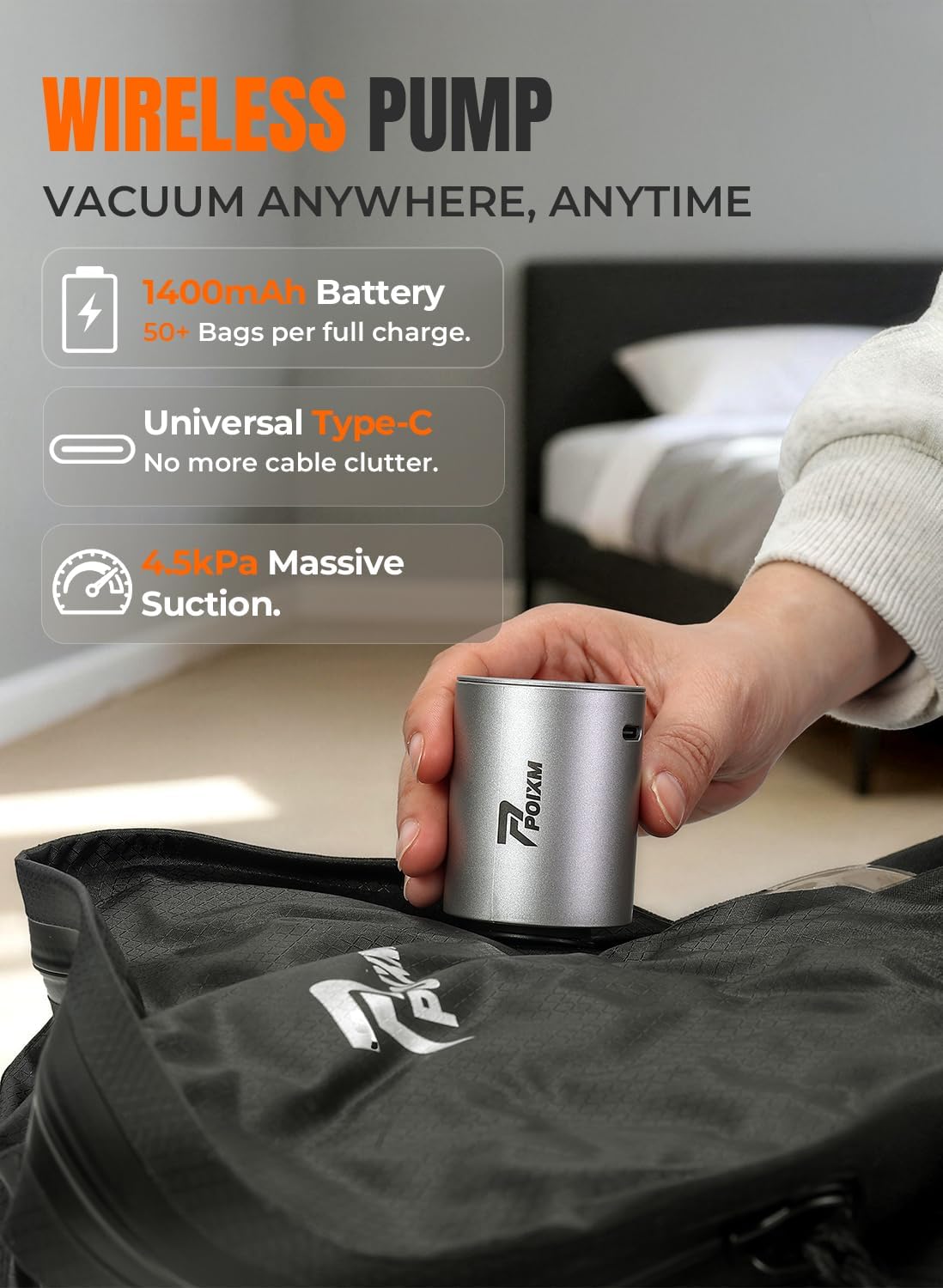 Skiennix Vacuum Bags for Travel - Wireless Pump Included, IP67 Waterproof, 3 Pack for Space Saving Storage