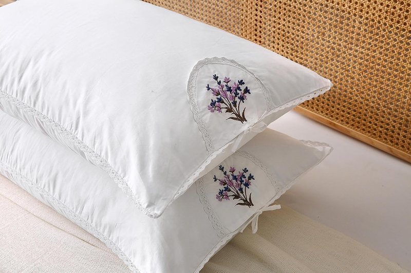 White Embroidery Pillowcases Lavender Flower Pillow Shams with lace 100% Cotton 2-Pack Twin Standard Size (26"x20")