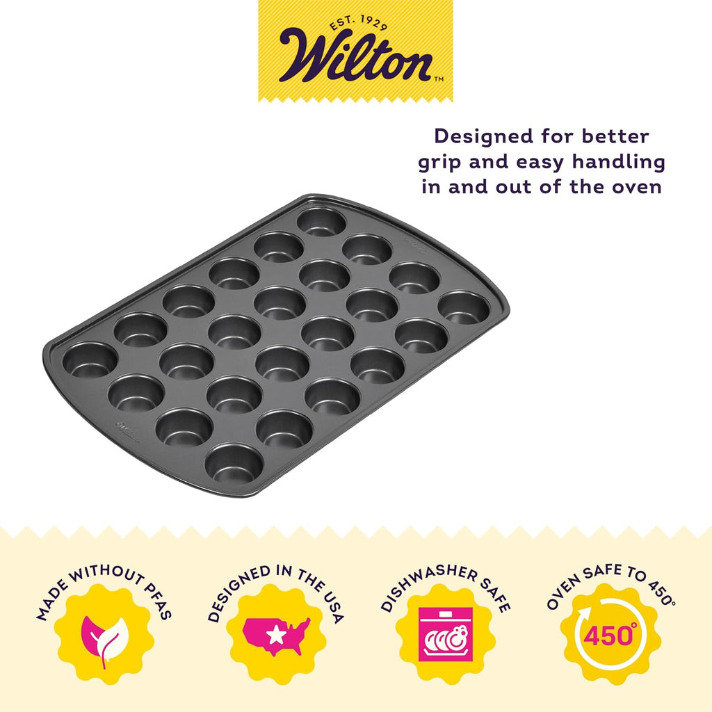 Wilton Gold Non-Stick Mini Muffin Pan - Perfect for Cupcakes & Muffins - PFAS-Free, Scratch Resistant | 16 x 10 x 1 Inch, 24 Cups