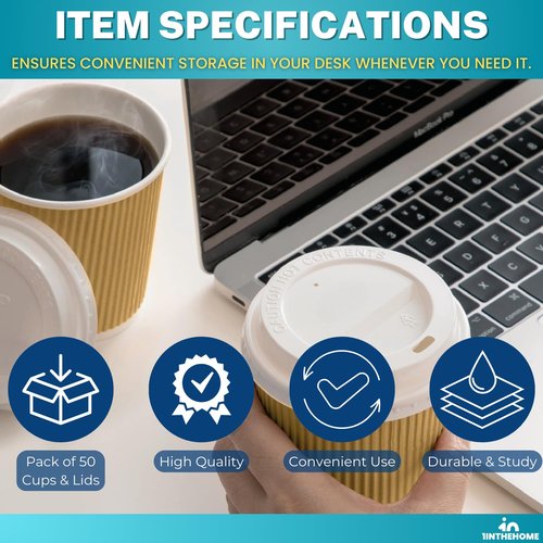 1InTheHome Disposable Coffee Cups with Lids, Paper Cups 10 oz, Insulated Ripple Wall, 50 Pack