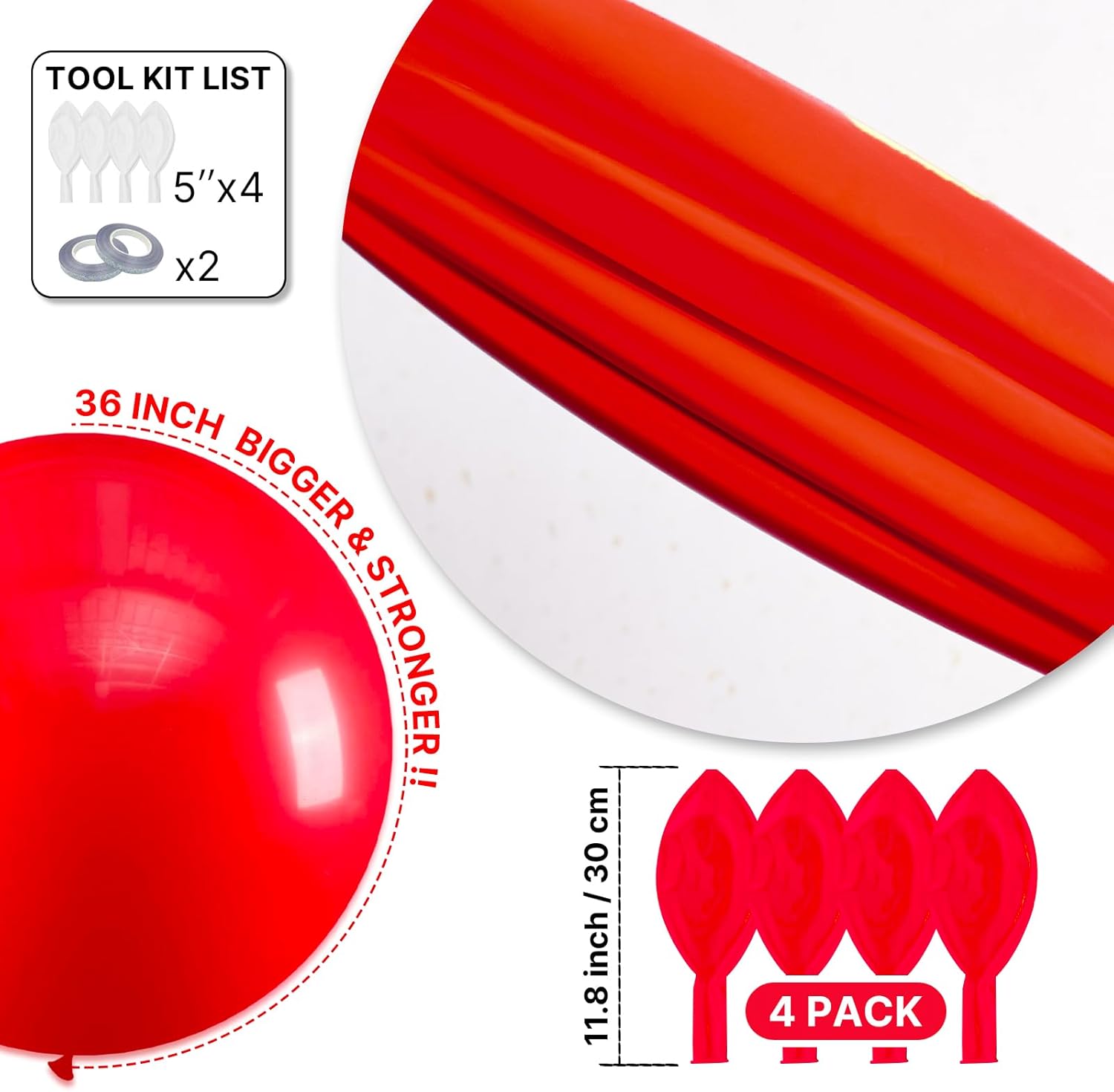 PartyWoo Red Helium Balloons - 36 Inch | 4-Pack for Birthday, Graduation & Special Events