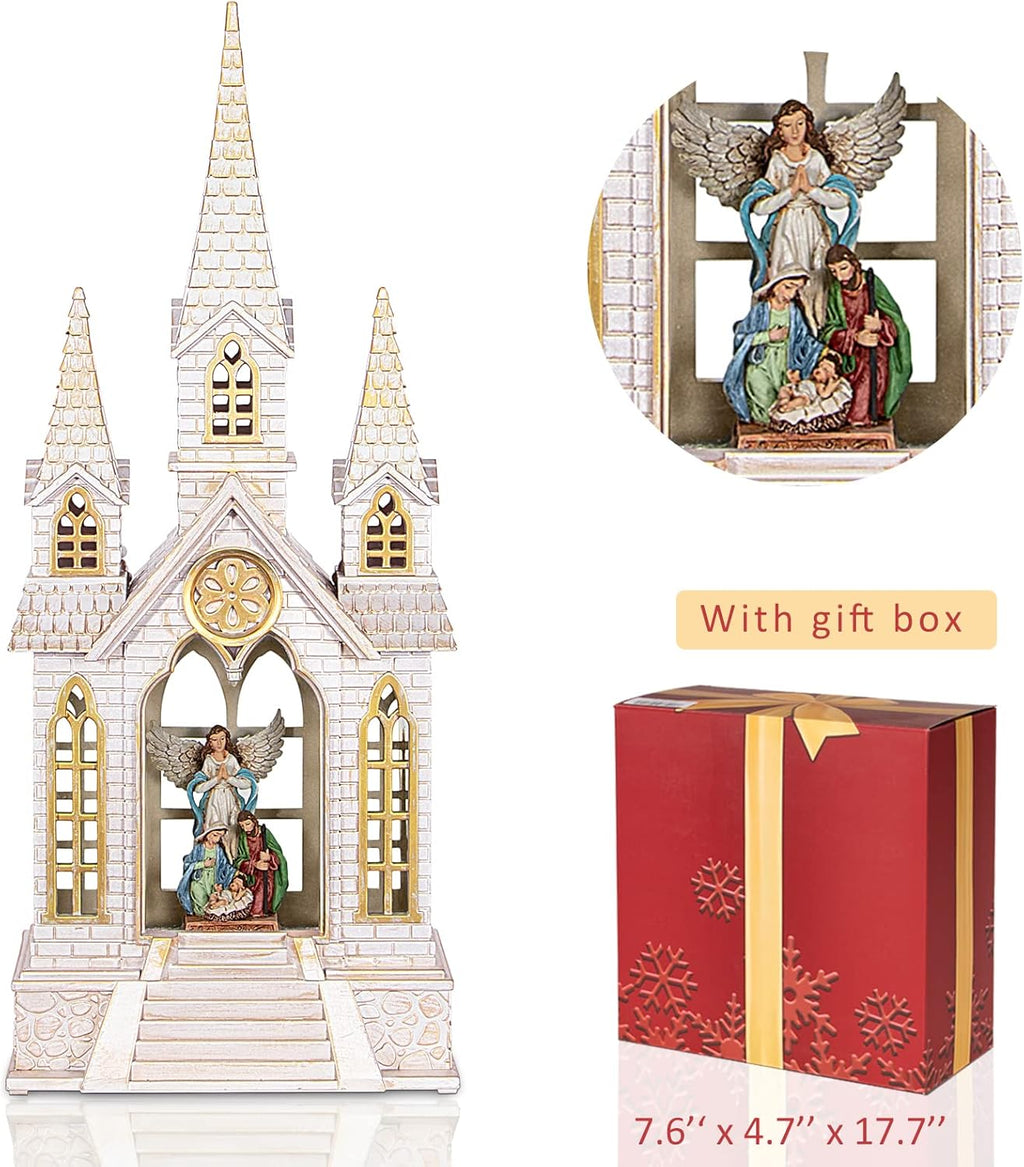 Skiennix Church Snow Globe | Lighted Christmas Lantern with Angel Nativity Scene & Music