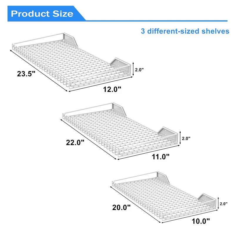 TORACK Wall-Mounted Storage Shelves, Mixed-Size Garage Wall Shelving for Closet & Laundry Room, Heavy-Duty Floating Shelf Holds Up to 65 lbs(White)