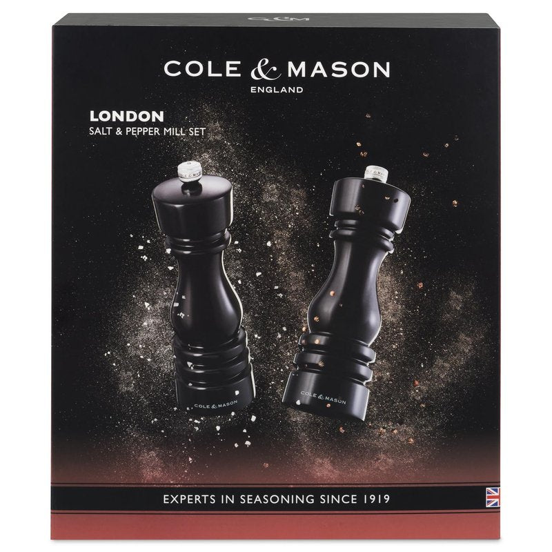 Cole & Mason H233098 London Black Gloss Salt and Pepper Mill Set, Precision+ Carbon/Ceramic Mechanisms, Salt and Pepper Grinders with Adjustable Grind, Beech Wood, 180mm, Gift Set