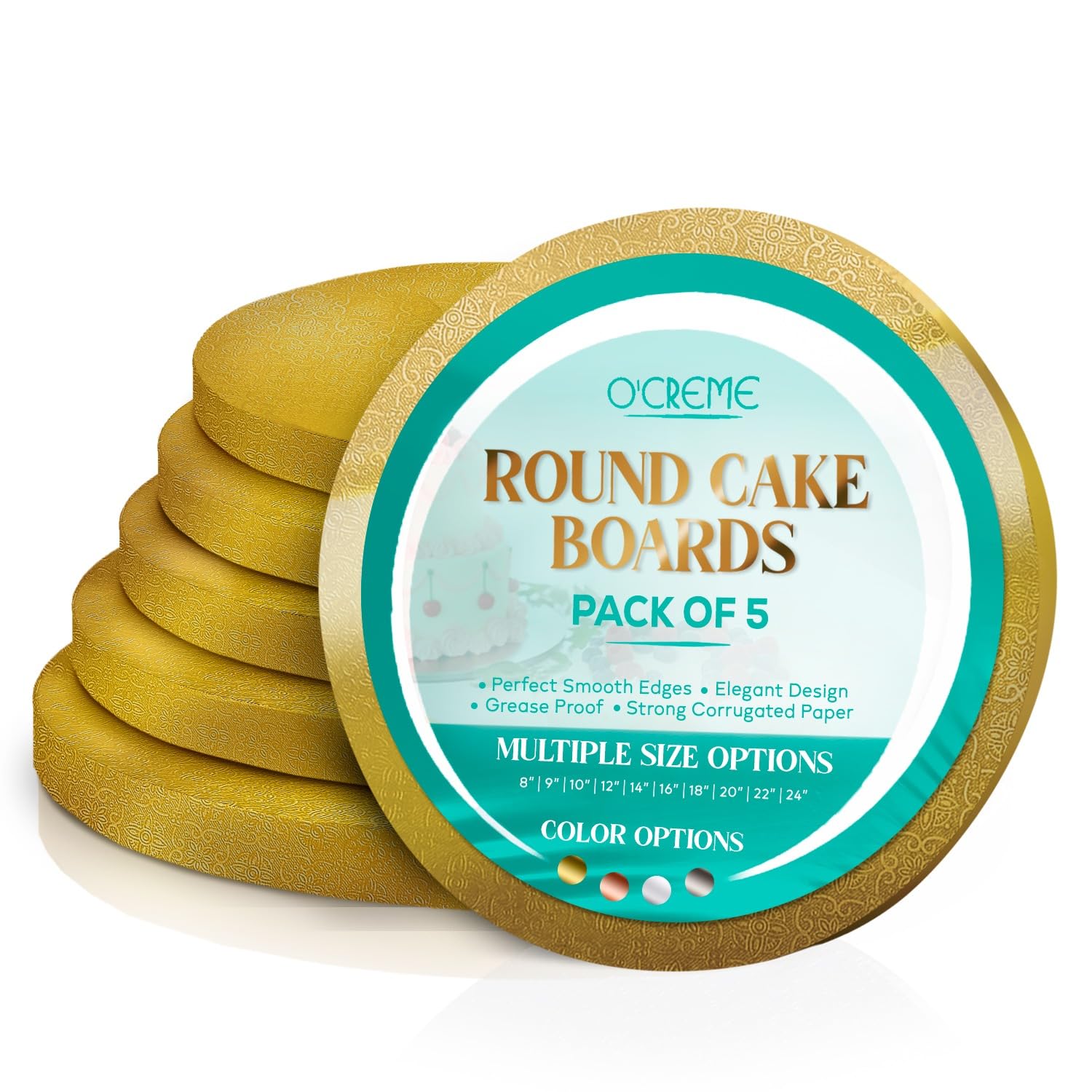 O’Creme Cake Board, Gold Foil Round Cake Circles with Gorgeous Design, Sturdy & Durable 1/2” Thick Cake Drums, Round Cake Boards with 12” Diameter, Pack of 5 Disposable Cake Drums