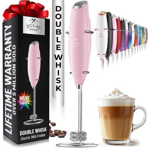 Zulay Kitchen Powerful Double Whisk Milk Frother Handheld - Foam Maker With Stand - Whisk Drink Mixer for Coffee, Mini Foamer for Latte, Matcha, Frappe, Hot Chocolate & Cappuccino - Pink