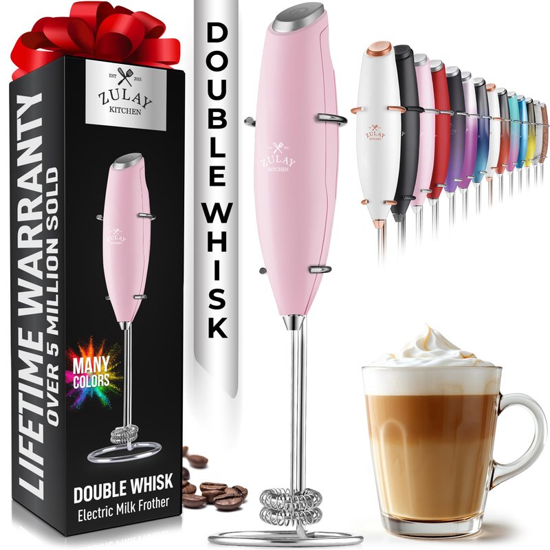 Zulay Kitchen Powerful Double Whisk Milk Frother Handheld - Foam Maker With Stand - Whisk Drink Mixer for Coffee, Mini Foamer for Latte, Matcha, Frappe, Hot Chocolate & Cappuccino - Magnetic Pink