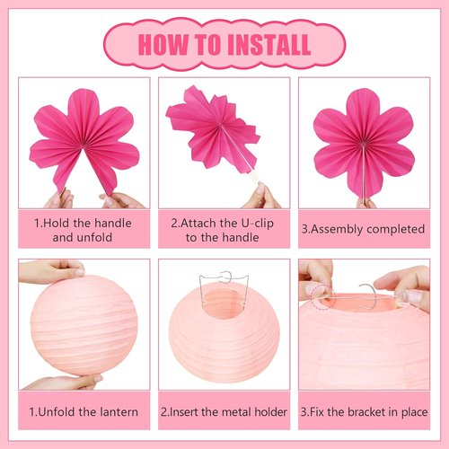 19 Pcs Pink Party Decorations - Light Hot Pink Lanterns, Paper Flowers & Tissue Pom Poms for Events