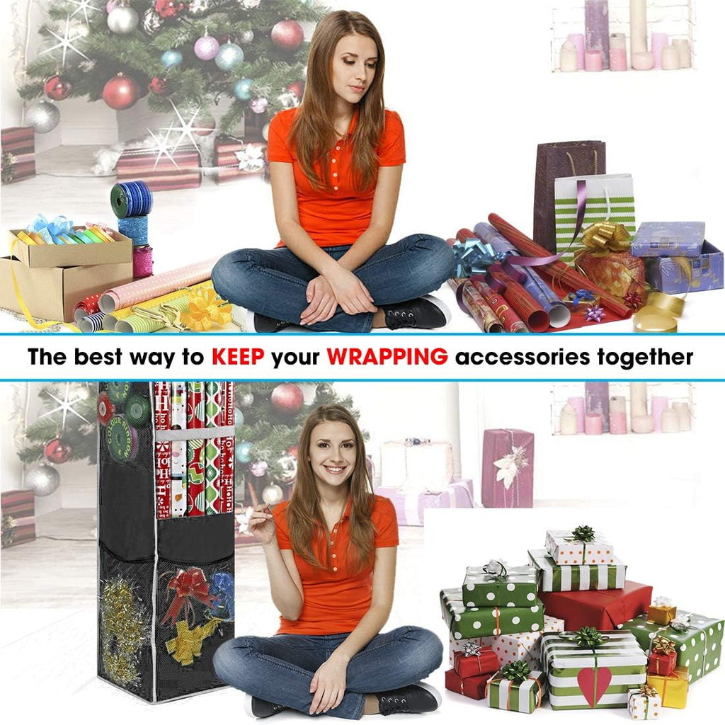 ProPik Holiday Wrapping Paper Storage Bag - 360° Swivel Hanger with Mesh Pockets | Holds 25 Rolls, 40 Inch, Black