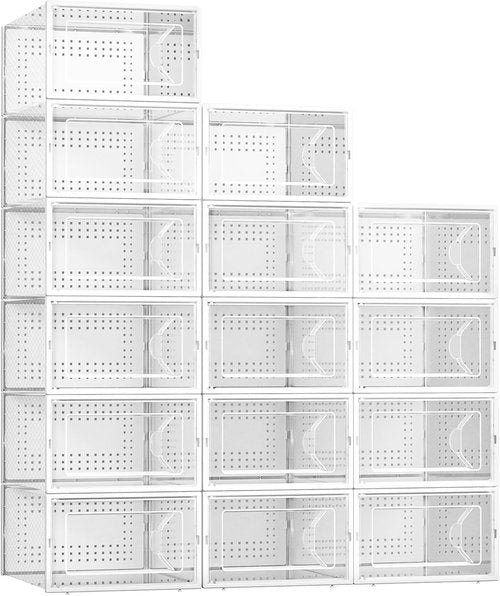 Kuject Shoe Storage Boxes - 15 Pack Large Clear Plastic Stackable Organizer for Closet | Fits Size 10 (White)