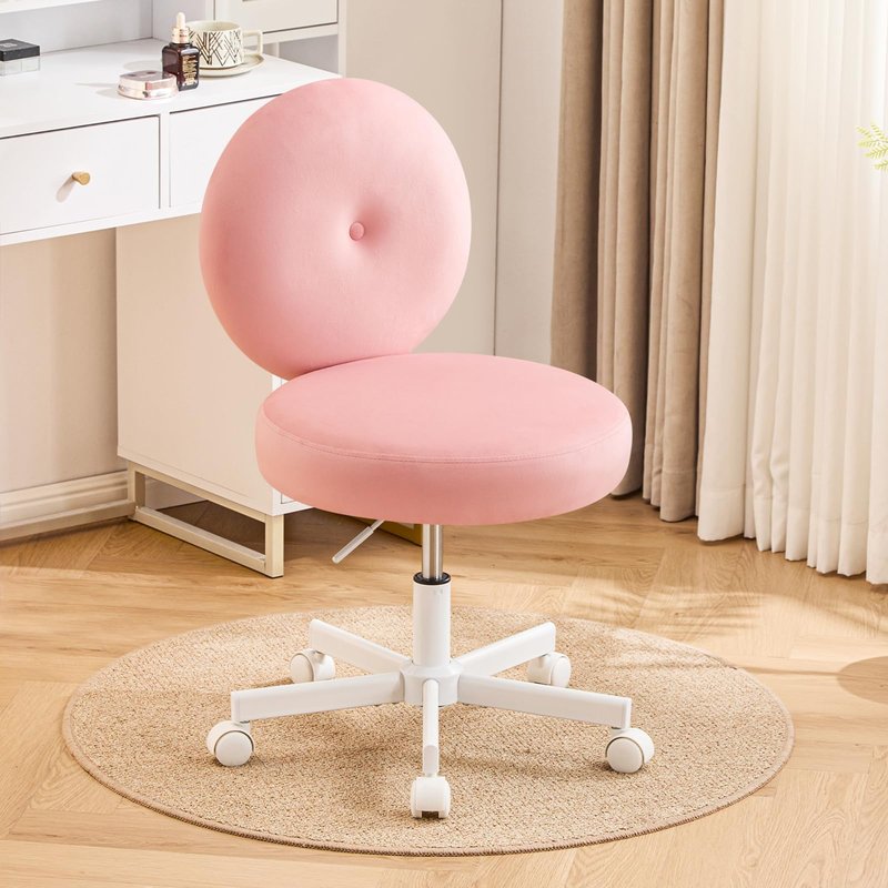 Furniliving Round Velvet Vanity Chair with Wheels, 360° Swivel Armless Desk Chair, Adjustable Height Rolling Makeup Chair for Bedroom Study Room, Pink