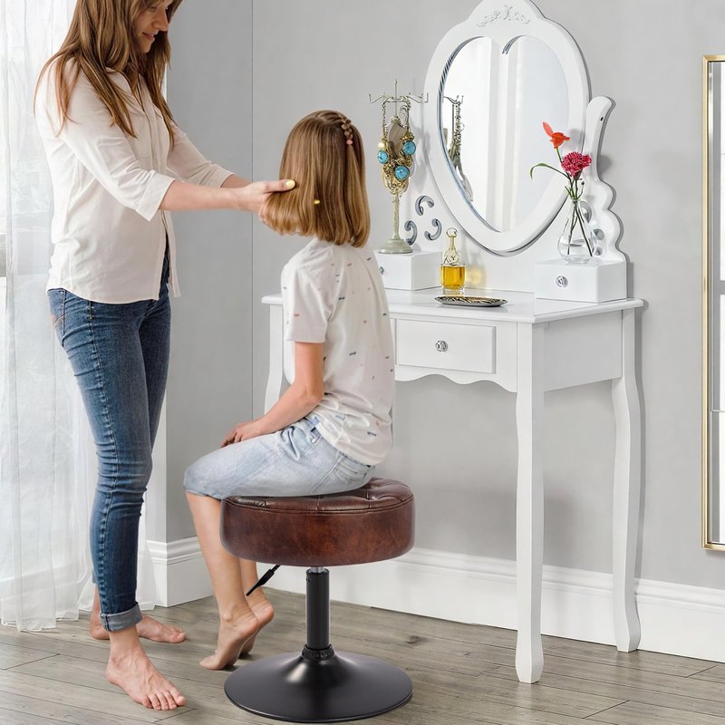 Furnibetter Velvet Tufted Makeup Chair, 360° Swivel Adjustable Vanity Chair Ottoman Stool Vanity Stool for Bedroom Modern Accent Chairs Big Size Stools for Living Room Bathroom, PU, Darkbrown