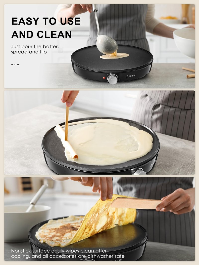 Crepe Maker Machine, Reemix Compact Pancake Griddle Precise Temperature Control, Nonstick 12” Electric Griddle, Batter Spreader for Eggs, Pancakes, Omelets and Quesadillas (Black)