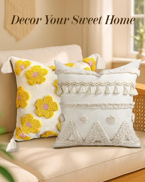Kokaaee Throw Pillow Covers 18x18 - Tufted Boho Decorative Pillow Cover with Zipper for Couch Sofa Bed Living Room Aesthetic Soft Farmhouse Textured Striped Indoor Pillowcase, Cream Tassel
