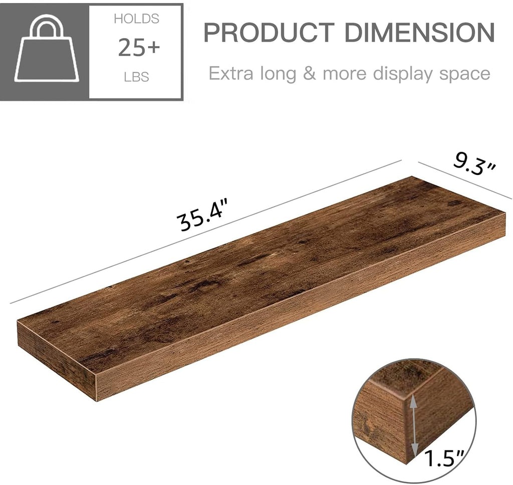 QEEIG Floating Shelves - Rustic Brown Wall Mounted Display Shelves | Set of 2, 35.4" x 9.3" for Home Decor