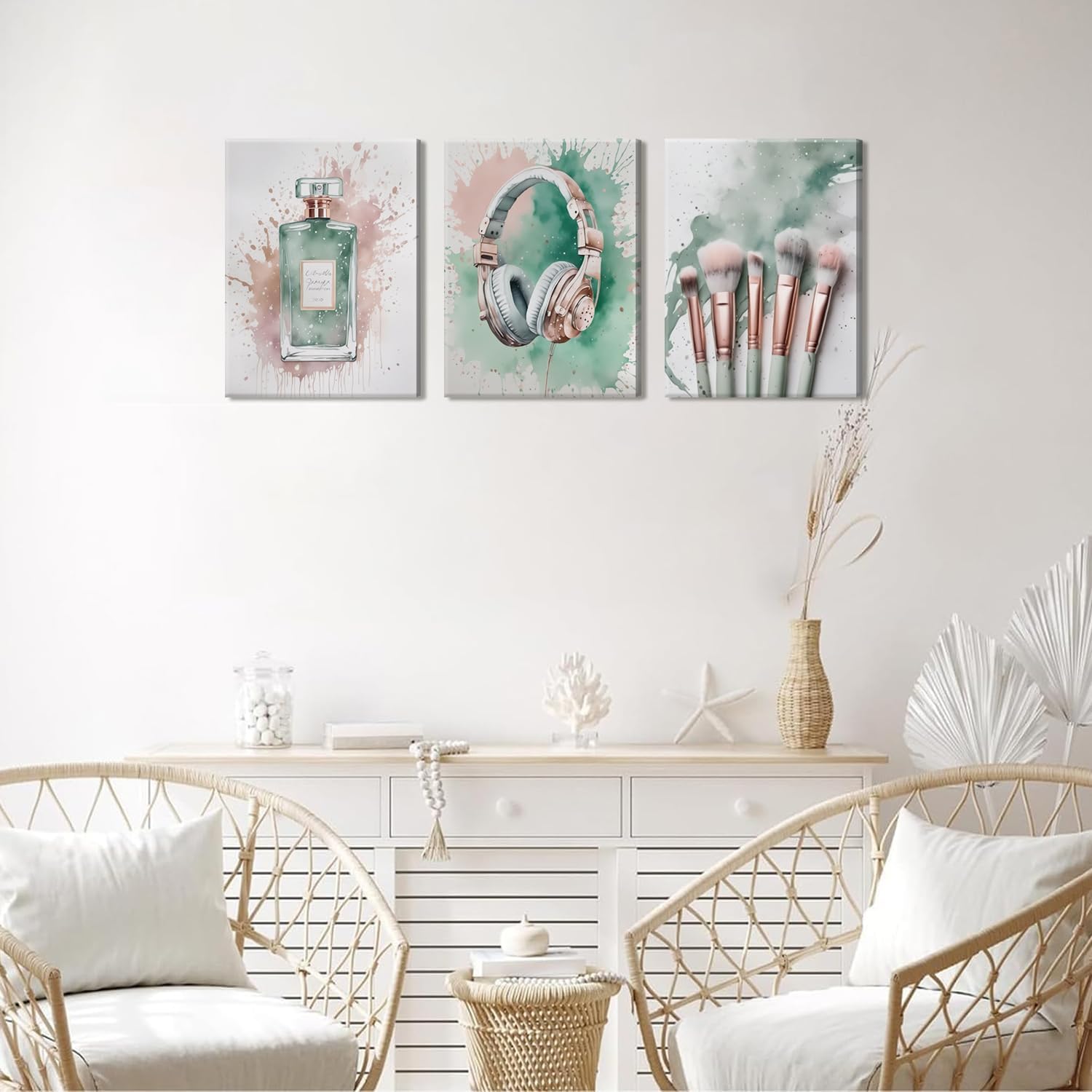 Skiennix Fashion Makeup Canvas Wall Art Set of 3 - Trendy Pink & Sage Green Decor for Teen Girls | 12x16 Inch Framed