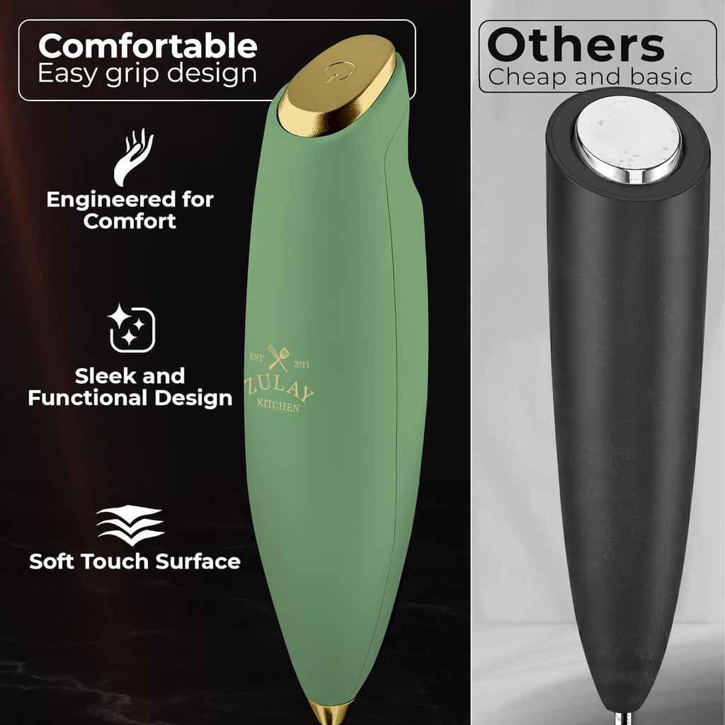 Zulay Kitchen Tornado Triple Whisk Milk Frother - Handheld Foam Maker for Coffee & Lattes - Olive & Gold Finish