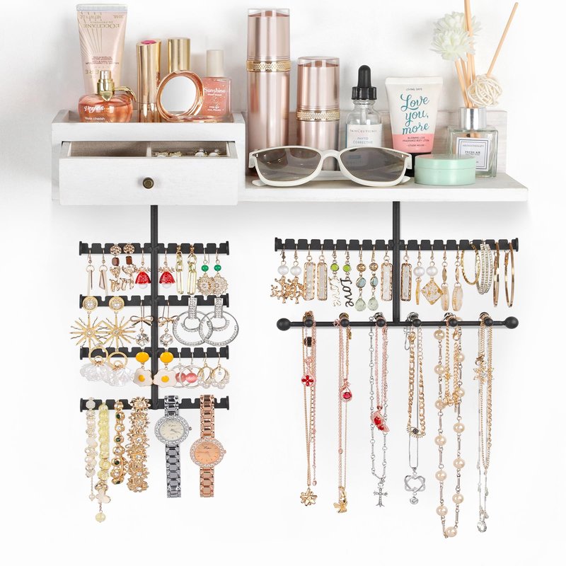 VINAEMO Jewelry Organizer Hanging Wall Mounted Jewelry Holder with Rustic Wood Drawer & Large Capacity Storage Shelf Rack Display for Earrings Rings Necklaces Bracelet(White)