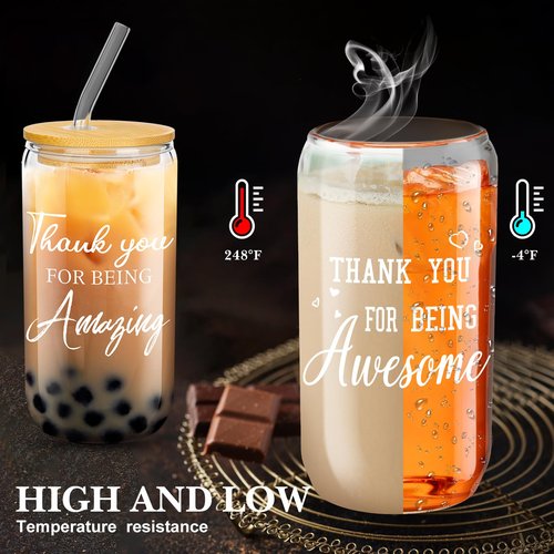 Purpeak 6 Set Employees Appreciation Gifts Thank You Team Gift Bulk Coworkers Staff 16oz Can Beer Glass Cup with Lids Straws Brushes for Teacher Nurse(Elegant Style)