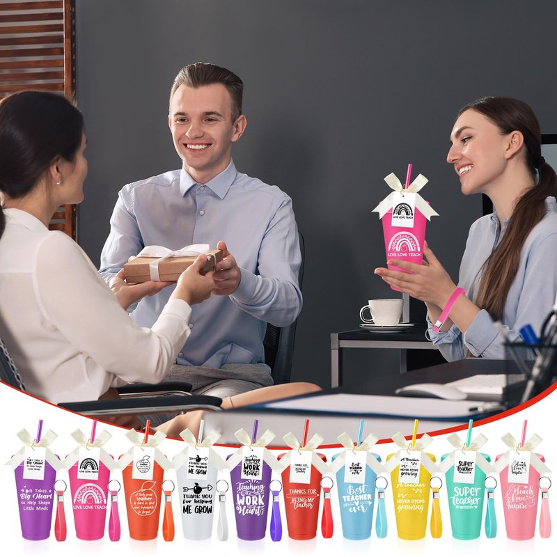SiliFine 30 Sets Thank You Teachers Appreciation Gifts Bulk, 24 oz Plastic Tumblers with Lids and Straws Reusable Coffee Cups with Silicone Keychains, Bow-knots and Cards(Appreciated)