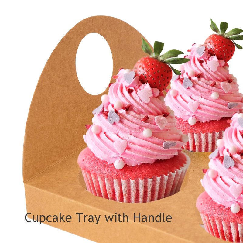 UnicoPak 20 Pack Brown Cupcake Boxes with Handle Tray - 4" Tall Large Muffin Boxes for 6 Cupcakes - Professional Food-Grade Cardboard Window Boxes for High Frosting, Toppers & Jumbo Treats