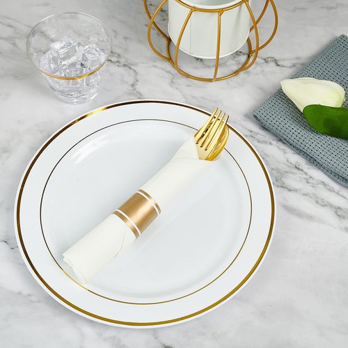 30 Pack Pre Rolled Gold Plastic Cutlery, Disposable Heavy Duty Silverware Set - 30 Forks, 30 Spoons, 30 Knives, 30 Napkins, Disposable Cutlery Set for Catering, Parties, Dinners, Weddings