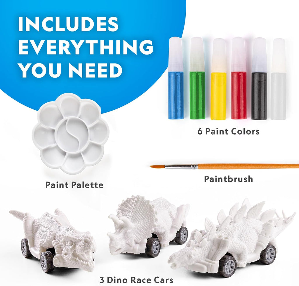 National Geographic Dinosaur Race Car Craft Kit - Paint 3 Dino Cars with 6 Colors | Fun Arts & Crafts for Kids