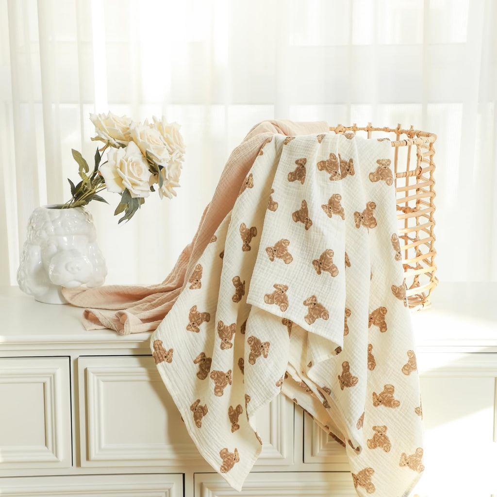 insular Muslin Swaddle Blankets for Boys Girls, 2 Pack Receiving Baby Blanket Large 47 x 47 inches, Soft Breathable Swaddling Wrap for Unisex Newborn, Teddy Bear&Khaki