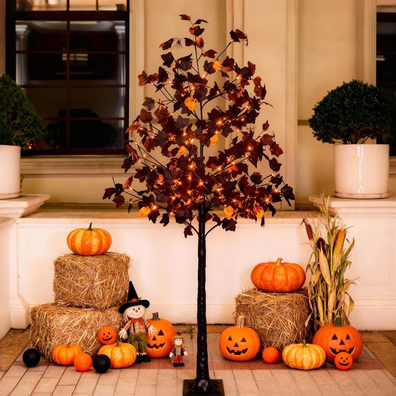 TYBEEU 6ft Black Maple Halloween Tree with LED Skull Lights & Spiders, 160 Bulbs, Dimmable Timer, 16ft Cord, Indoor & Outdoor Decor