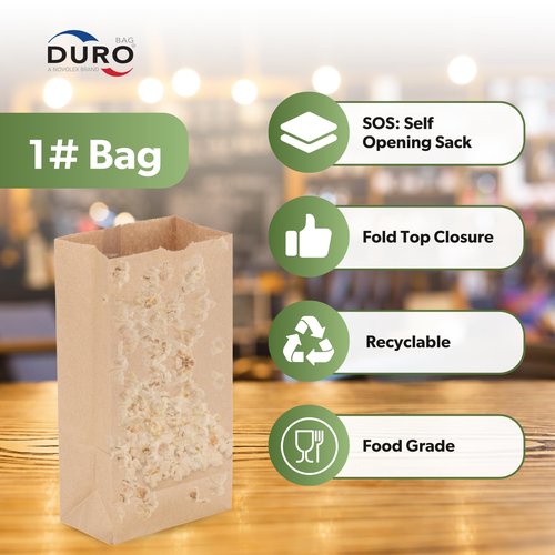 Duro 1# Dubl Life Self-Opening Sack 30#, Recycled Kraft Small Brown Paper Bags Lunch Size, Bulk Mini Food Take-Out Bags for Coffee, Sandwiches, Popcorn, Cookie Snack, & Candy Treats - 500 Count