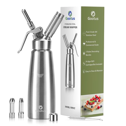 Gootus Professional Whipped Cream Dispenser - Stainless Steel, 500ml / 1 Pint Capacity, Includes 3 Stainless Decorating Nozzles and 1 Brush