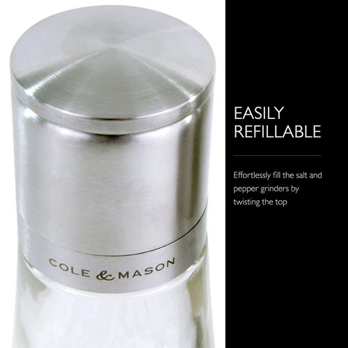 Cole & Mason Clifton Salt & Pepper Mill Gift Set - Adjustable Salt & Pepper Grinders - Refillable Spice Tools - Kitchen Tool - Stainless Steel/Glass, Black/White