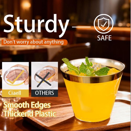 Ciaell 200PCS Gold Plastic Cups - 9Oz Heavy Duty Disposable Clear Plastic Cups with Gold Rim for Wine, Cocktail, Party & Wedding